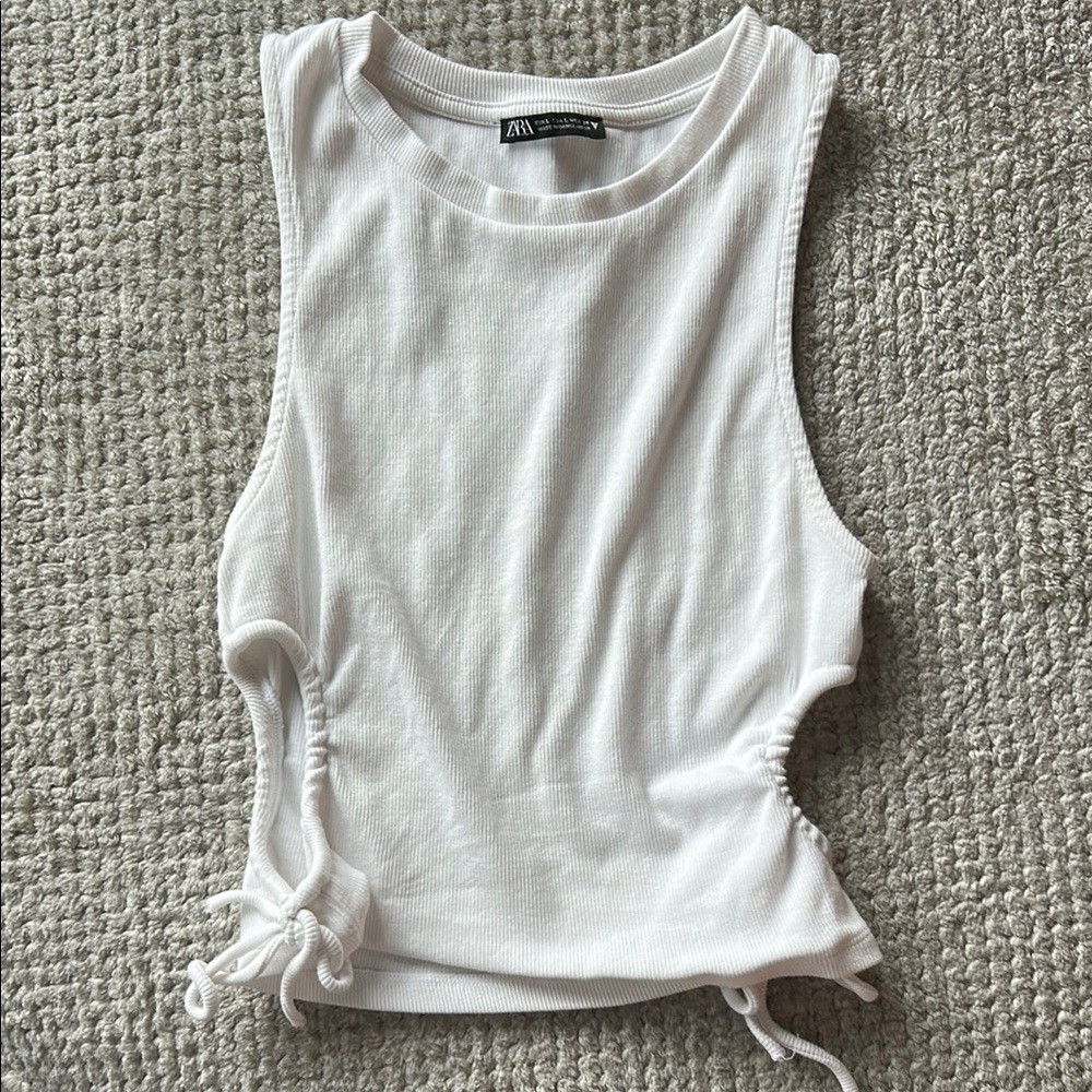 Zara White Crop Tank Top with Cut Out and Ruched Details